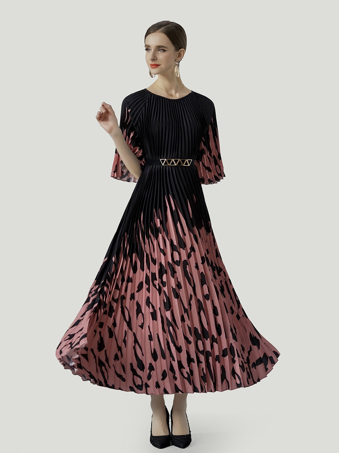 

JC Collection Abstract Printed Belted A-Line Flared Sleeve Midi Dress, Black