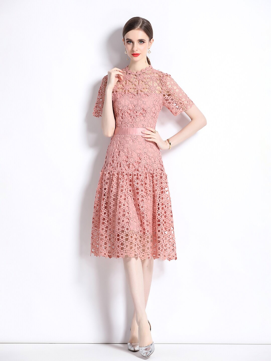 

JC Collection Self Design Round Neck Short Sleeves Schiffli Cut-Out Fit & Flare Dress, Peach