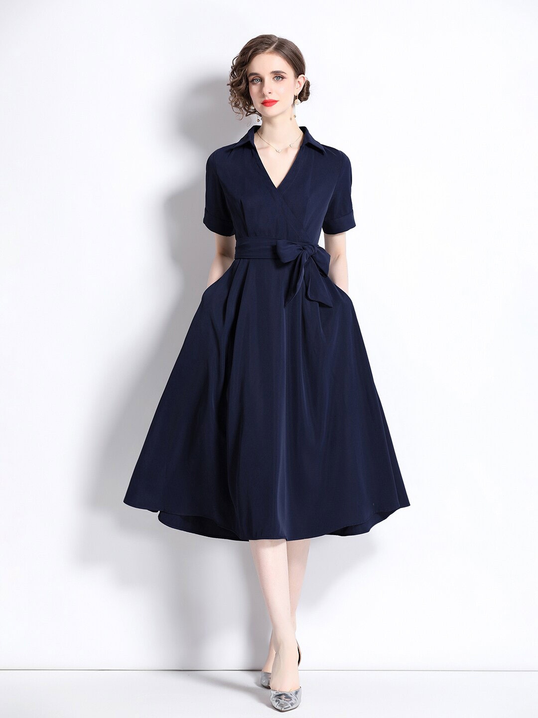 

JC Collection Shirt Collar Wrap Midi Dress, Navy blue