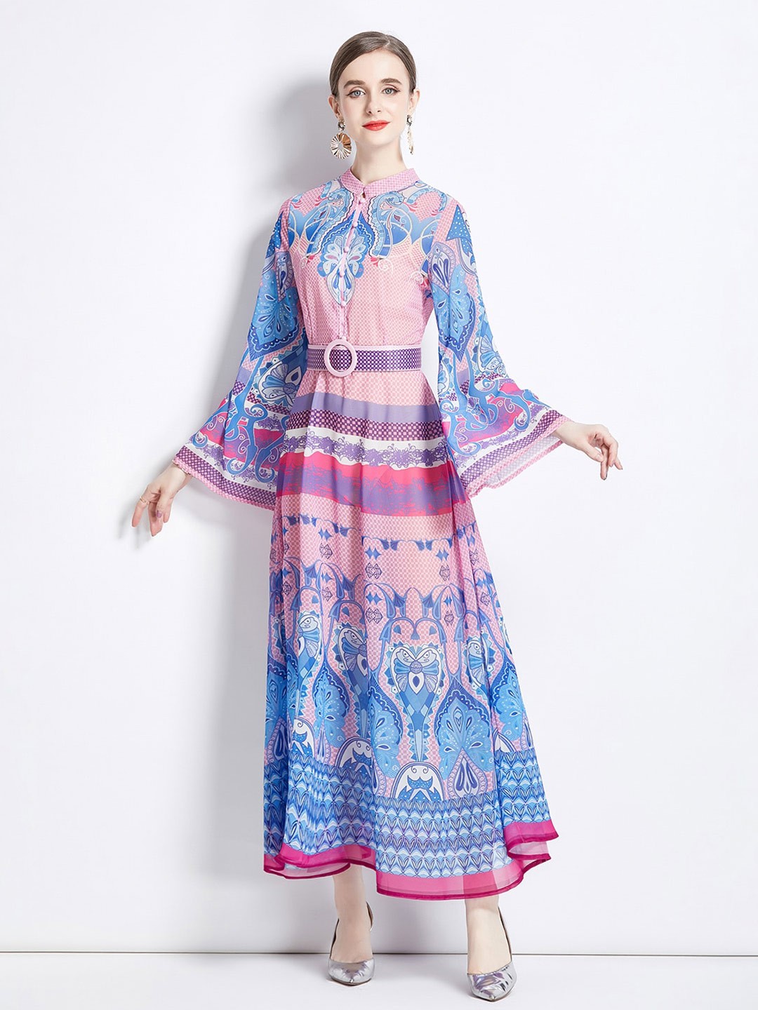 

JC Collection Ethnic Motifs Printed Bell Sleeve Maxi Dress, Blue