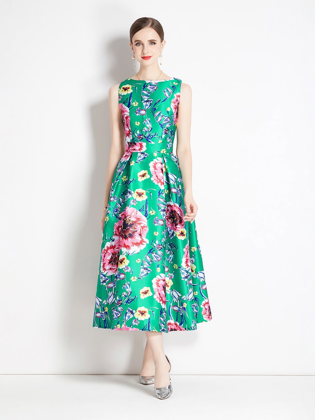 

JC Collection Floral Printed Boat Neck Pleated Fit & Flare Midi Dress, Green