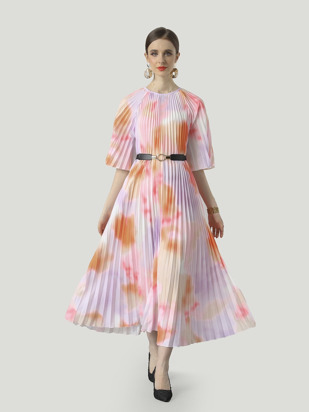 

JC Collection Abstract Printed Flared Sleeves Accordion Pleats Fit & Flare Midi Dress, Lavender