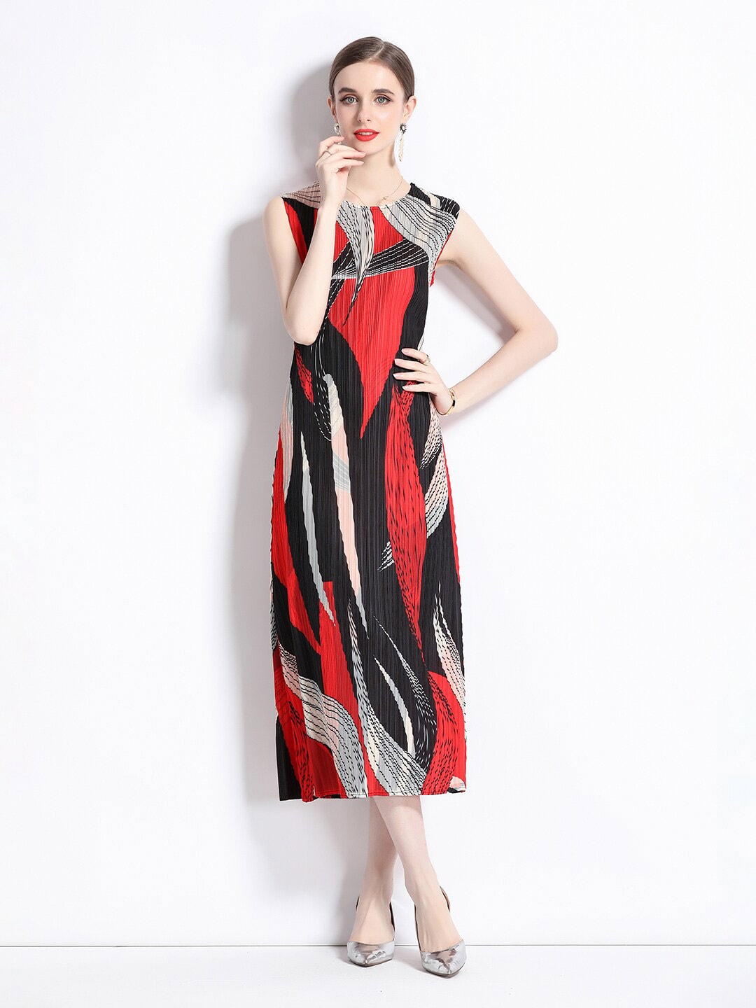 

JC Collection Abstract Printed A-Line Midi Dress, Black