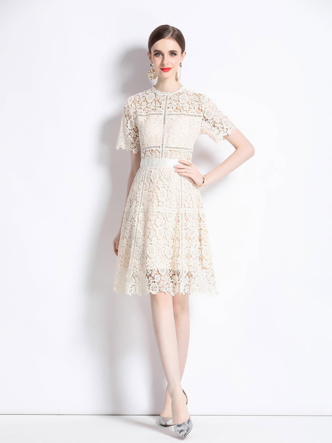 

JC Collection Self Design Flared Sleeves A-Line Dress, Off white