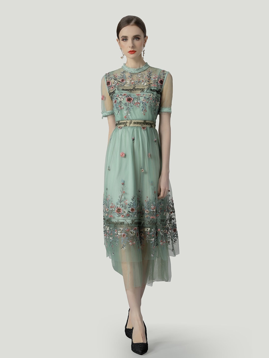 

JC Collection Floral Embroidered Layered Fit & Flare Midi Dress, Green