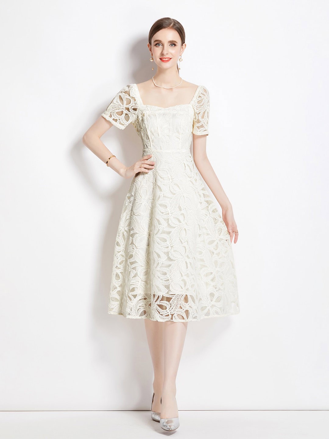 

JC Collection Self Design Square Neck Fit & Flare Dress, Beige