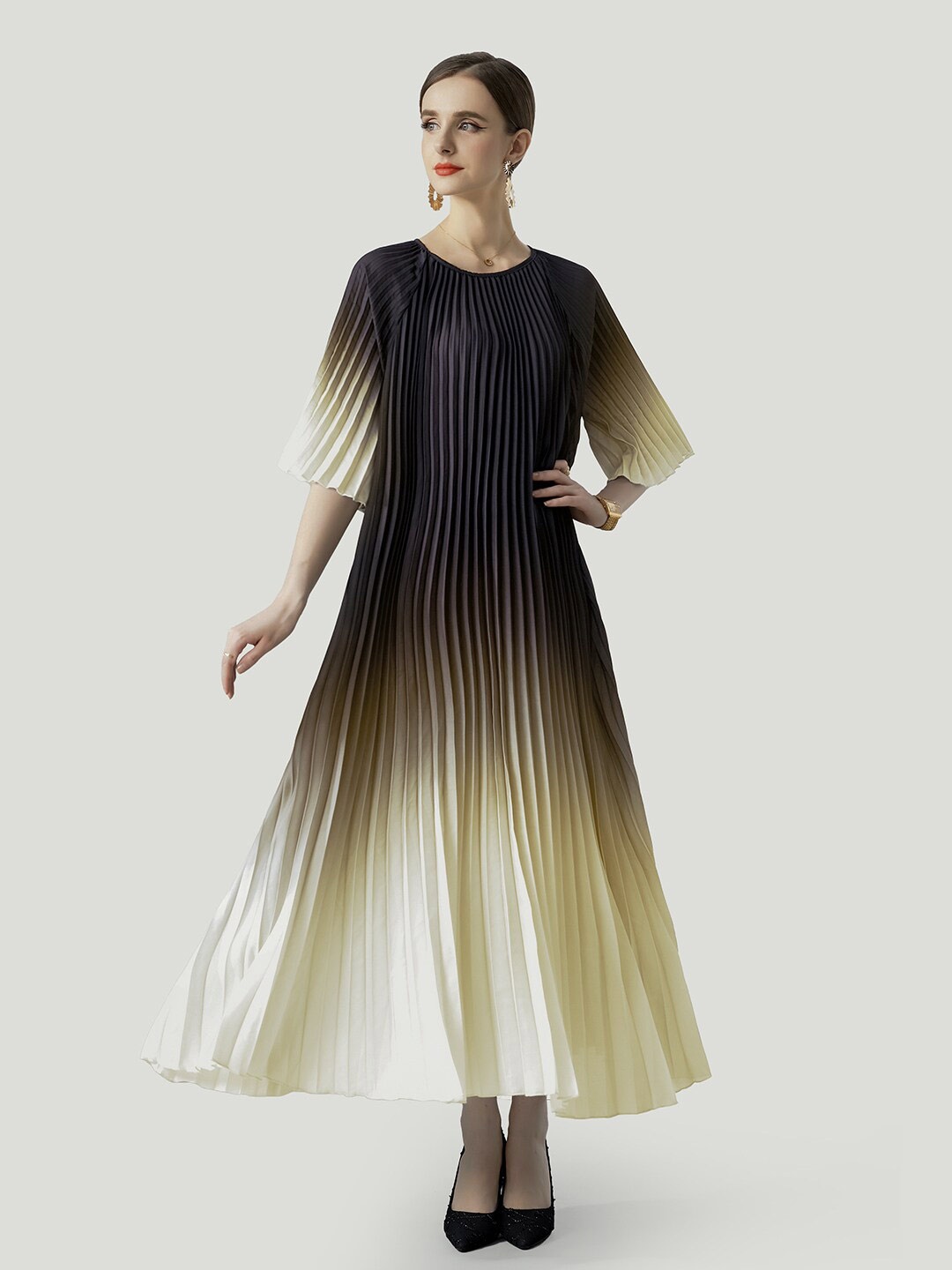 

JC Collection Tie and Dyed Accordion Pleated A-Line Midi Dress, Yellow