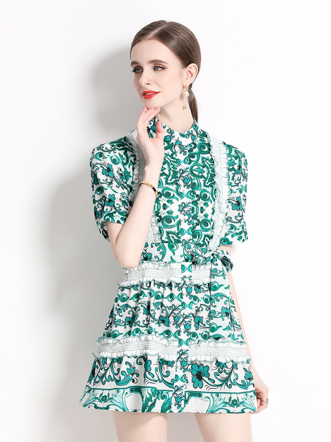 

JC Collection Floral Printed Band Collar A-Line Mini Dress, Green