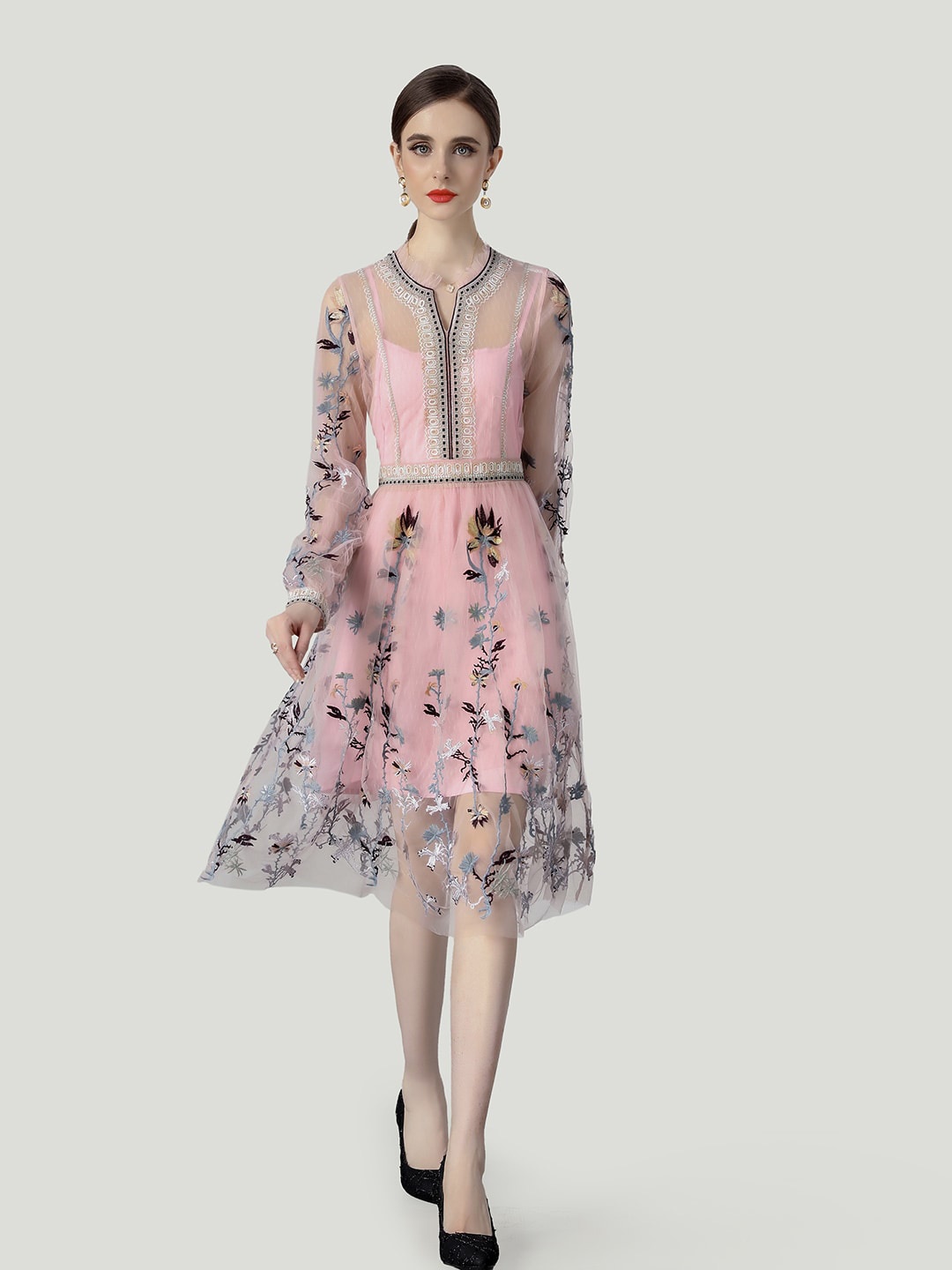 

JC Collection Floral Printed Lace Inserted Puff Sleeves Sheer A-Line Dress, Pink