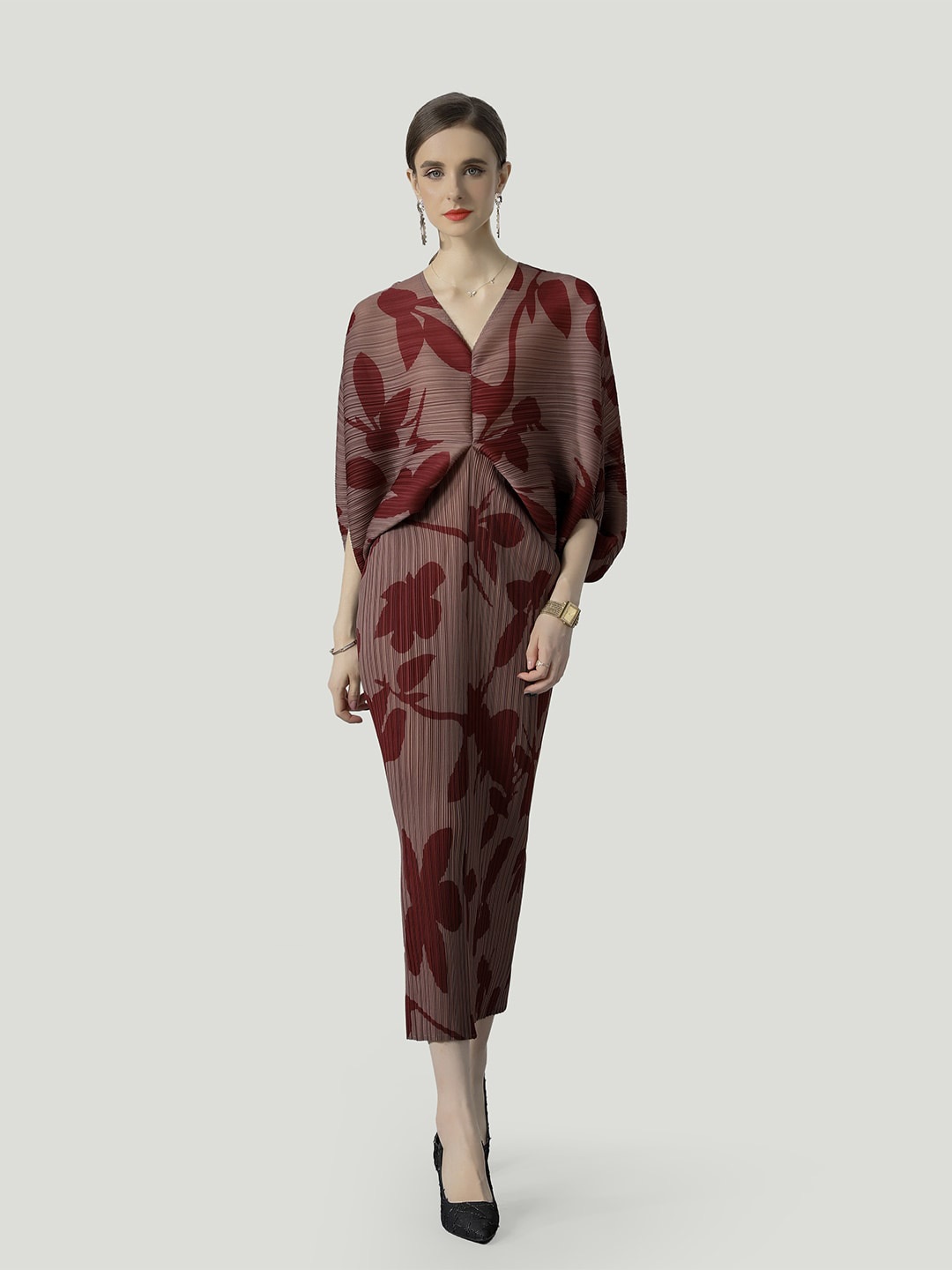 

JC Collection Floral Printed Kimono Sleeves V-Neck Maxi Sheath Dress, Maroon