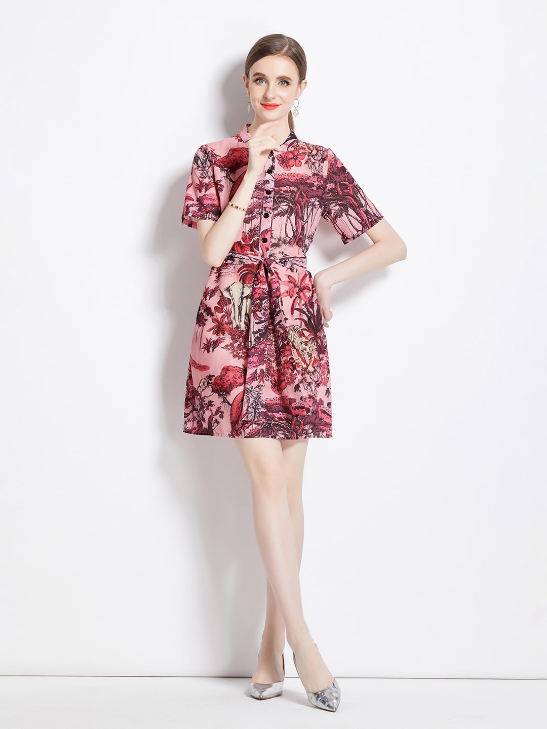 

JC Collection Floral Print Flared Sleeves Belted Band Collar A-Line Dress, Pink