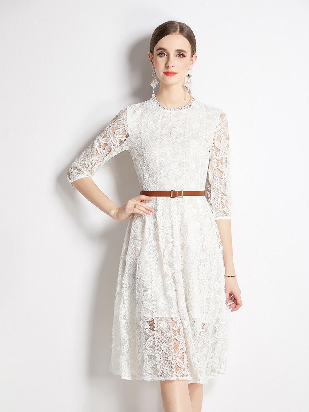 

JC Collection Self Design Lace Fit & Flare Dress, White