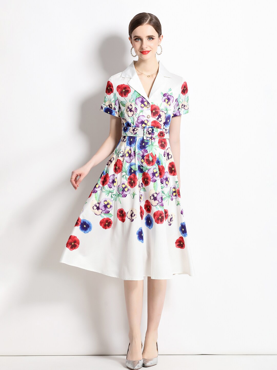 

JC Collection Floral Printed Shirt Collar Fit & Flare Dress, White