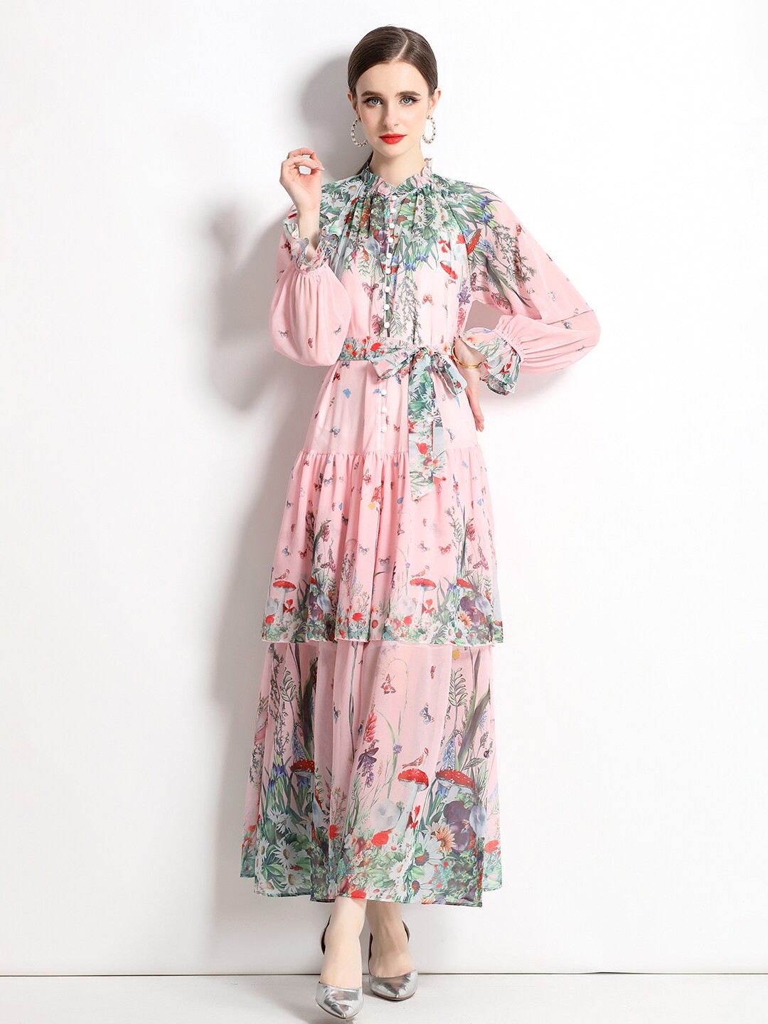 

JC Collection Floral Printed Bell Sleeves Gathered Fit & Flare Midi Dress, Pink