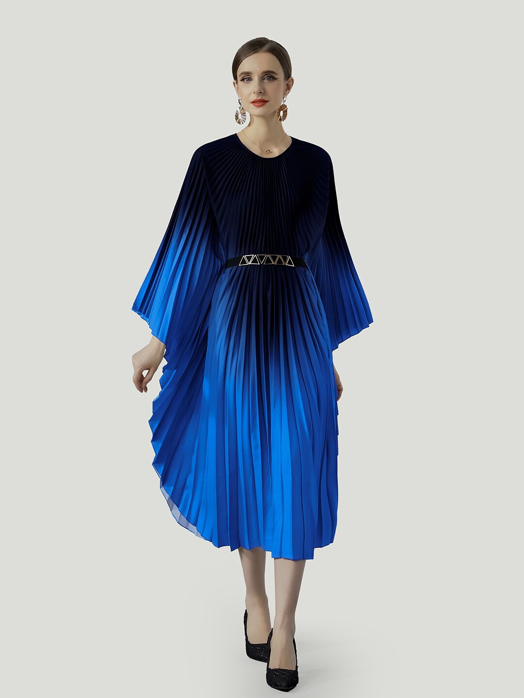 

JC Collection Ombre Dyed Kimono Sleeves Belted Accordion Pleated A-Line Midi Dress, Blue