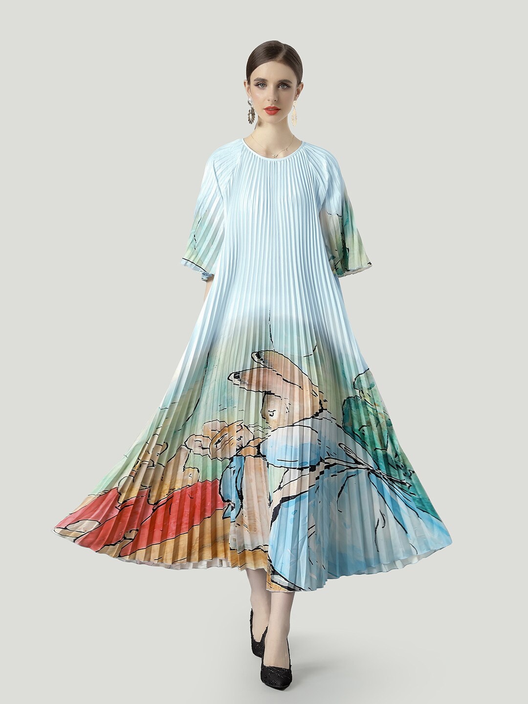 

JC Collection Conversational Printed Flared Sleeve A-Line Dress, Blue