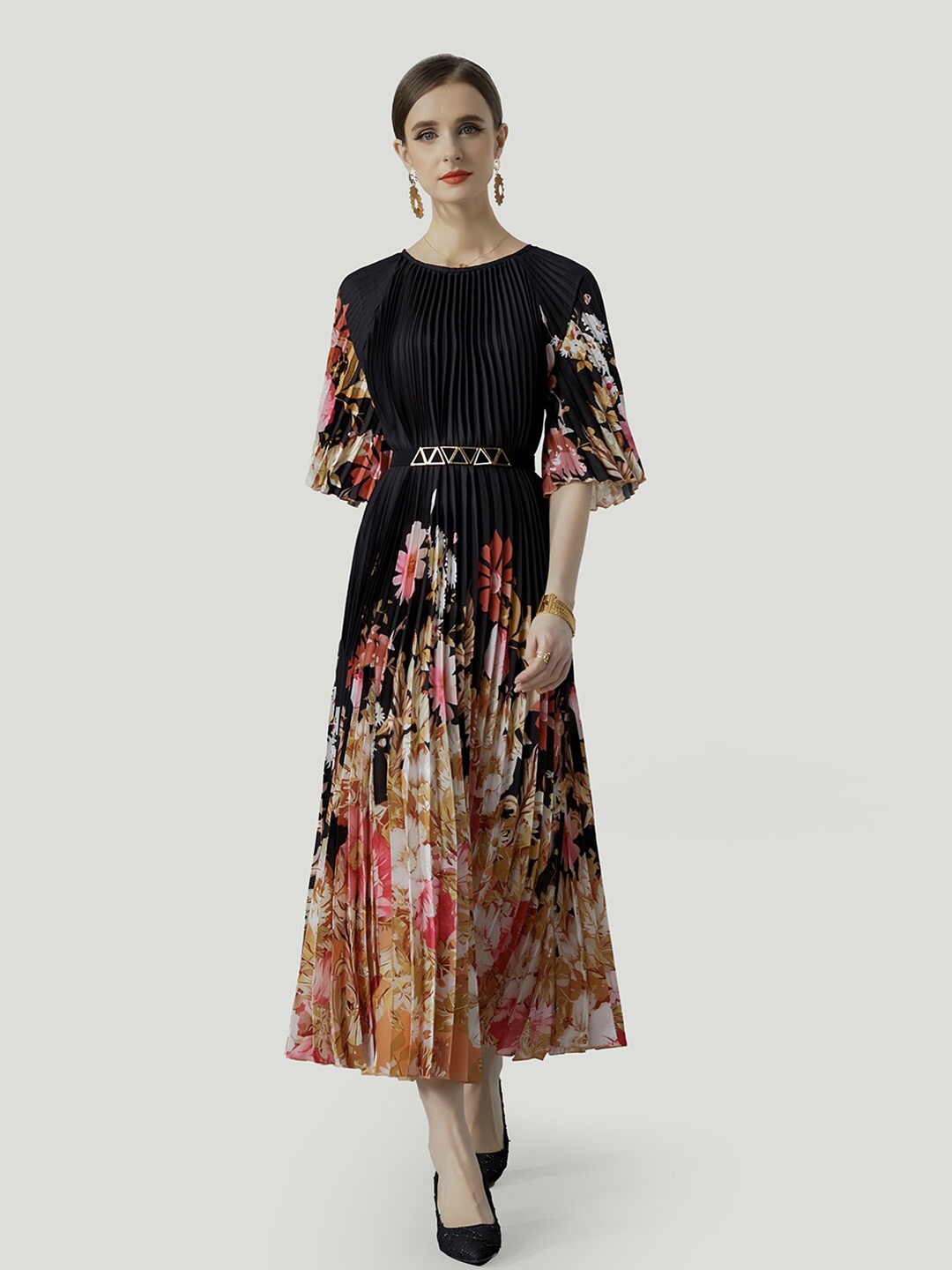 

JC Collection Floral Printed Flared Sleeves Accordion Pleated Fit & Flare Dress, Black