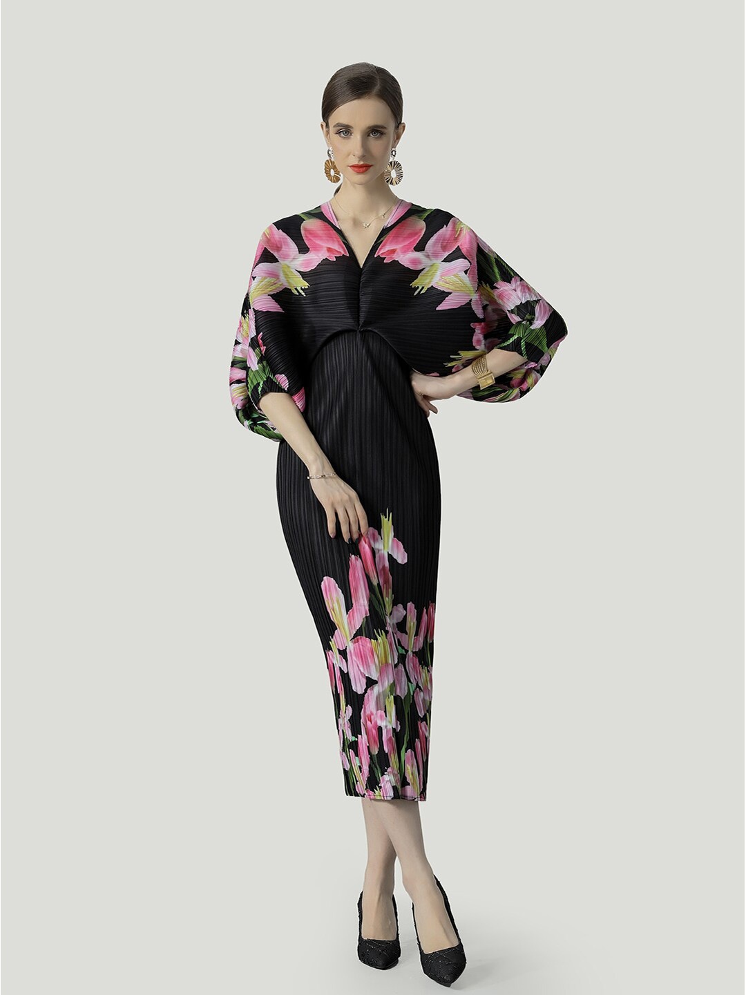 

JC Collection Floral Printed Kimono Sleeve Midi Dress, Black