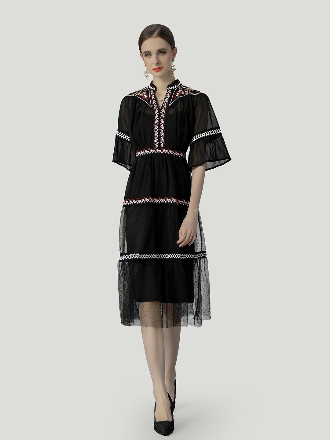 

JC Collection Self Design Embroidered Detail Flared Sleeves Tiered A-Line Midi Dress, Black