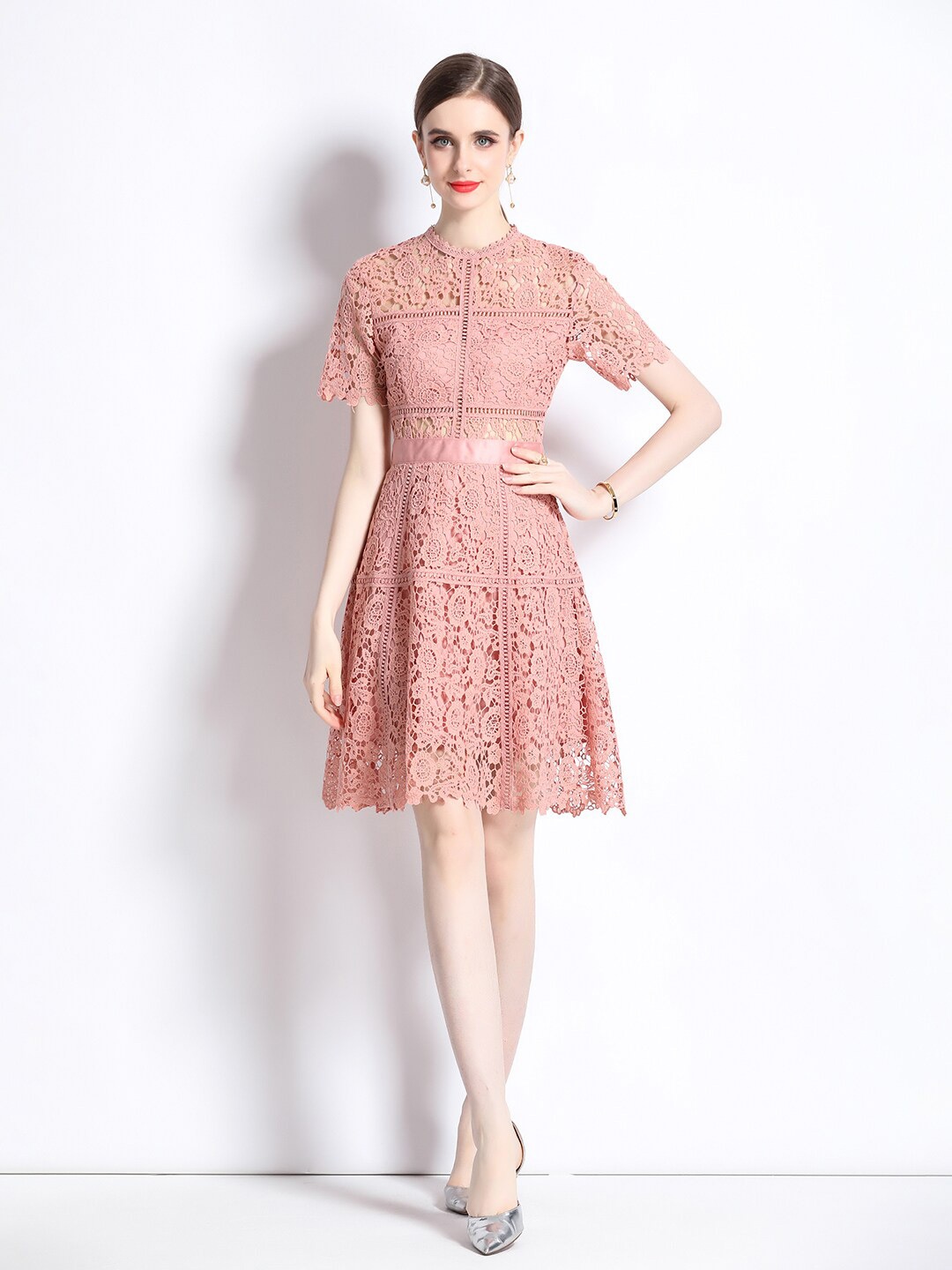 

JC Collection Self Design Lace Up Detail Semi Sheer Fit & Flare Dress, Peach