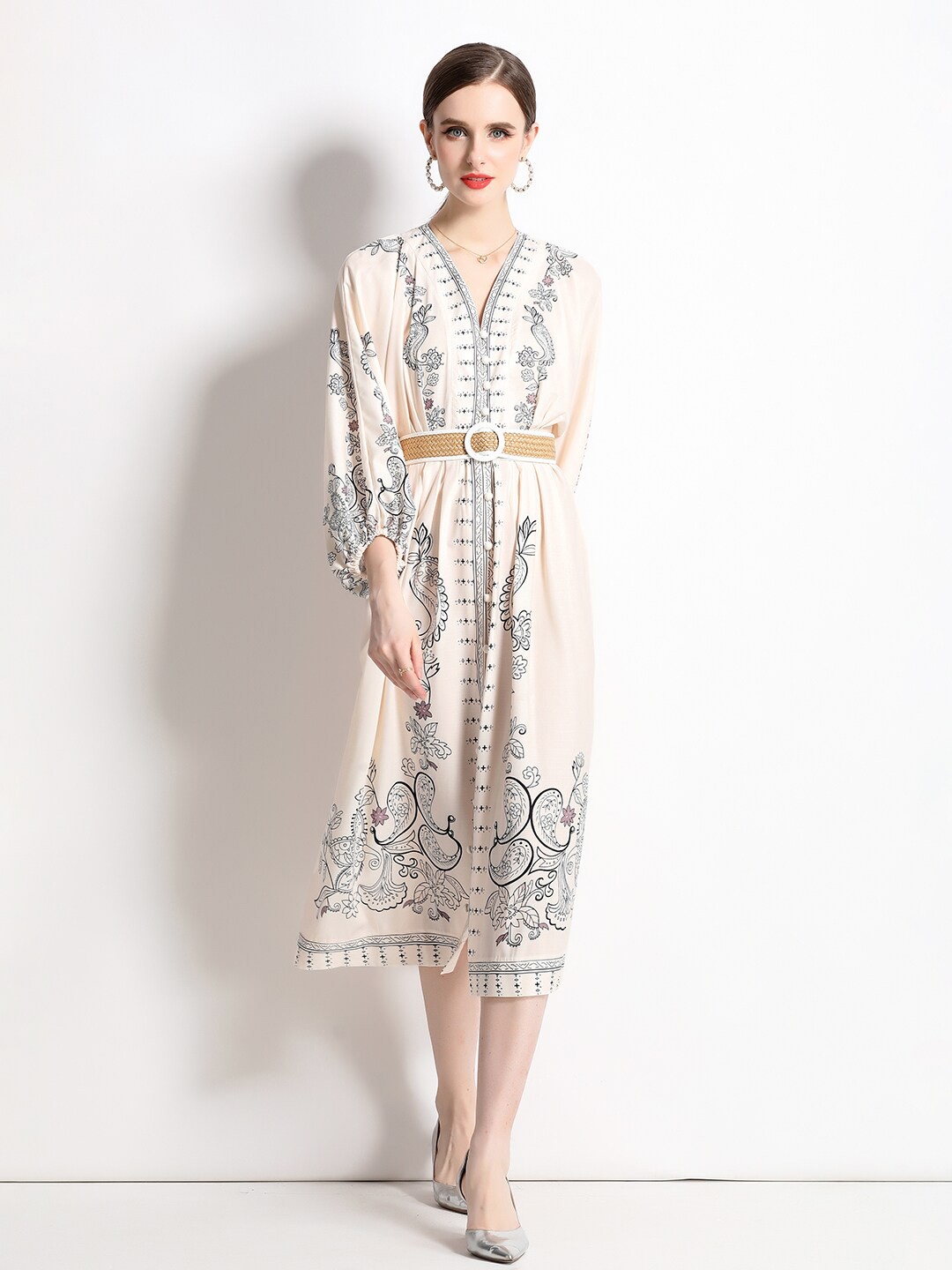 

JC Collection Ethnic Motifs Printed A-Line Midi Dress, Beige