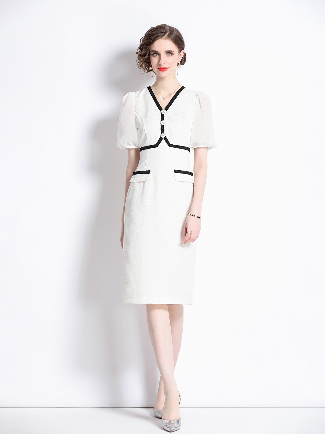 

JC Collection Puff Sleeves V-Neck Sheath Dress, White