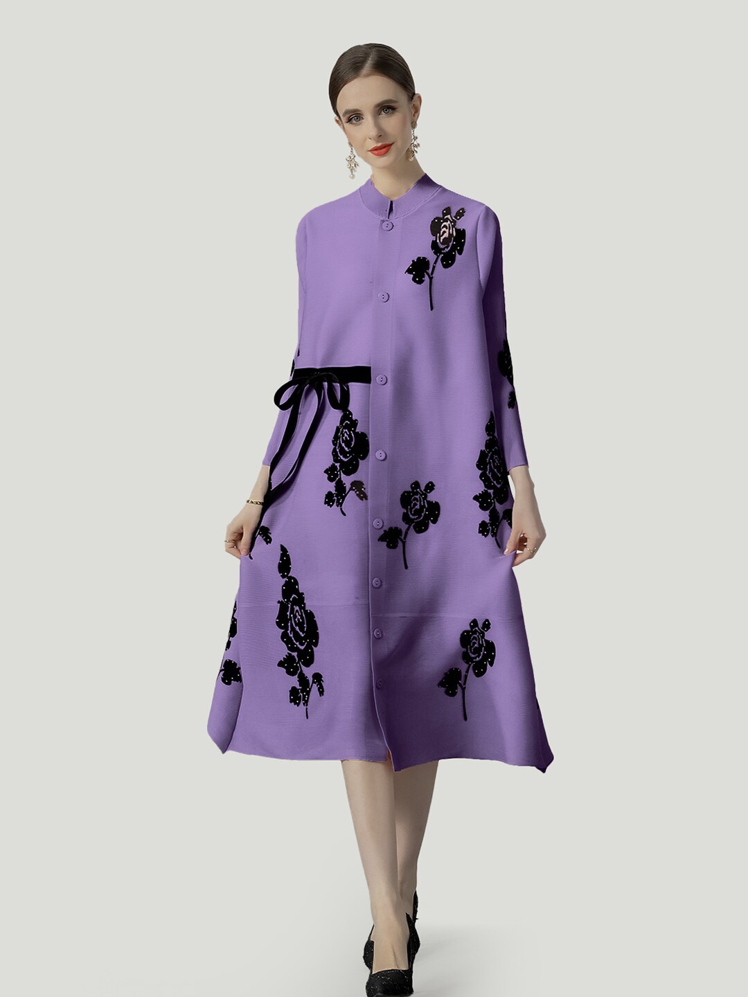 

JC Collection Floral Printed Mandarin Collar A-Line Midi Dress, Purple