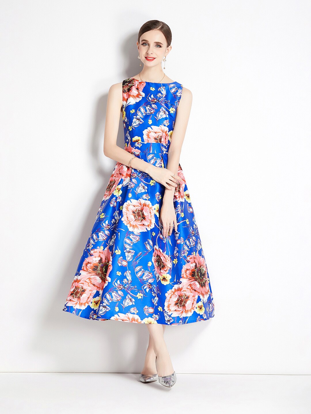 

JC Collection Floral Printed Fit and Flare Midi Dress, Blue