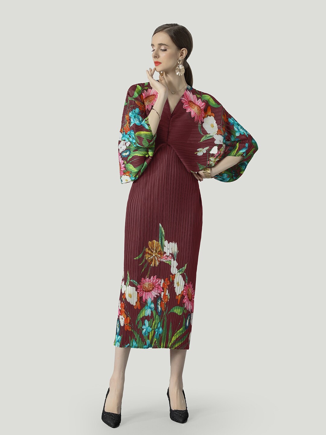 

JC Collection Floral Printed Kimono Sleeves V-Neck Midi Sheath Dress, Maroon