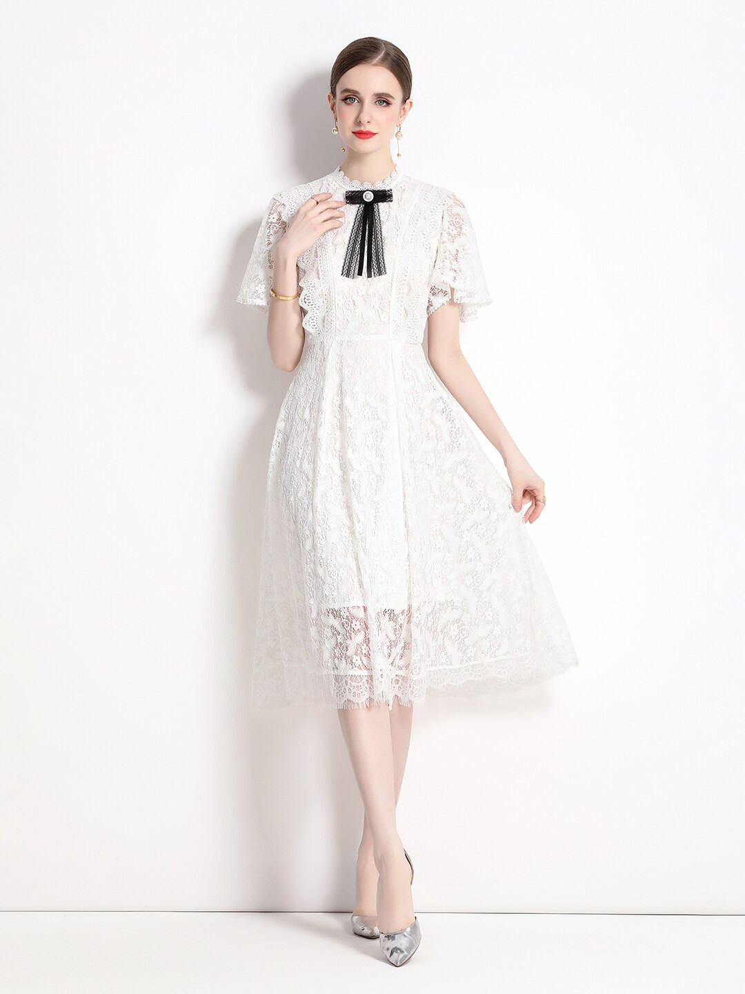 

JC Collection Self Design Flutter Sleeves Fit & Flare Midi Dress, White