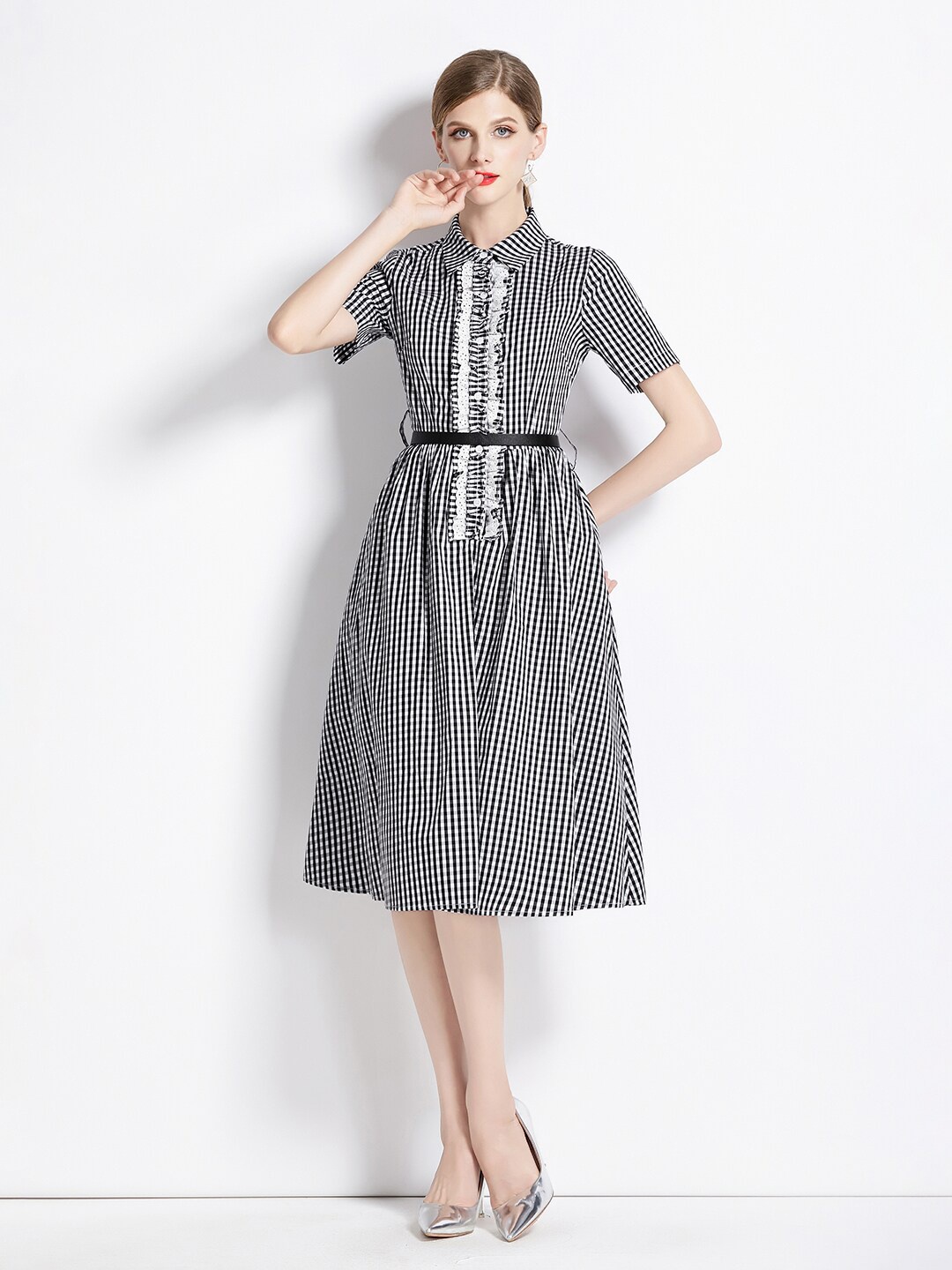 

JC Collection Striped Shirt Collar Fit & Flare Pleated Midi Dress, Black