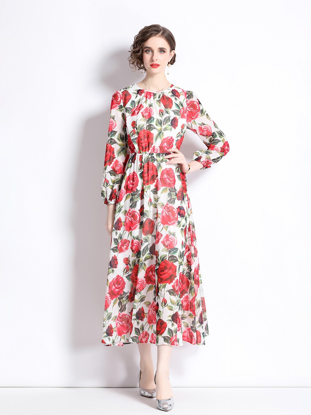 

JC Collection Floral Printed Round Neck Gathered Fit & Flare Midi Dress, White