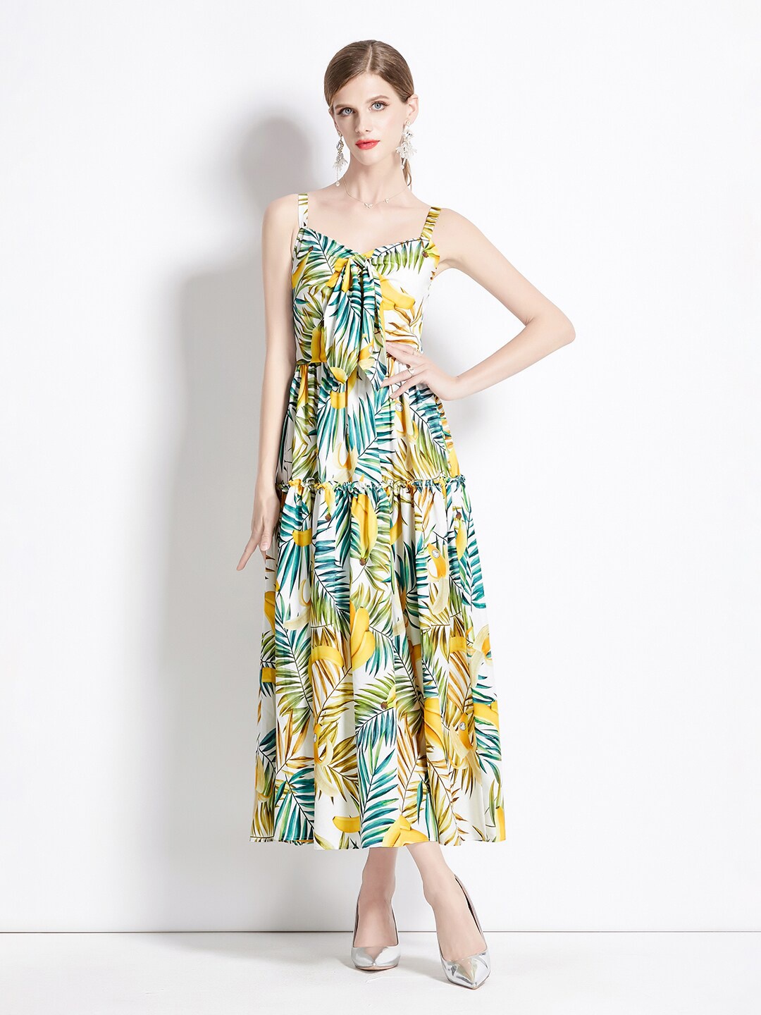 

JC Collection Floral Printed Sweetheart Neck Shoulder Strap Layered Fit& flare Midi Dress, Yellow