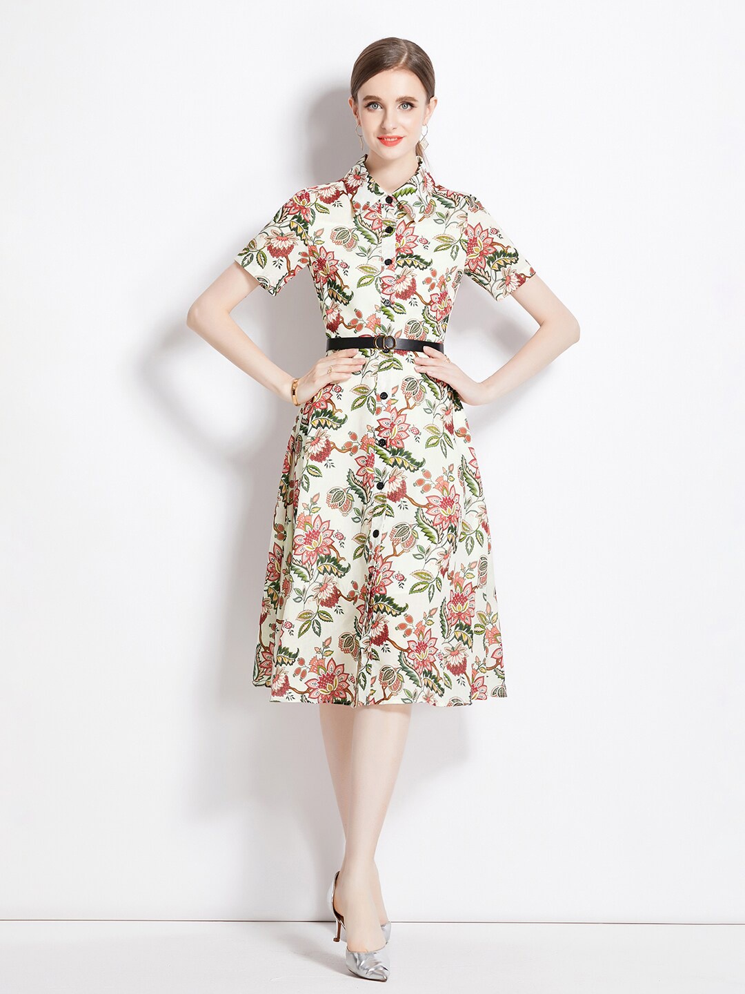 

JC Collection Floral Printed Shirt Midi Dress, Off white