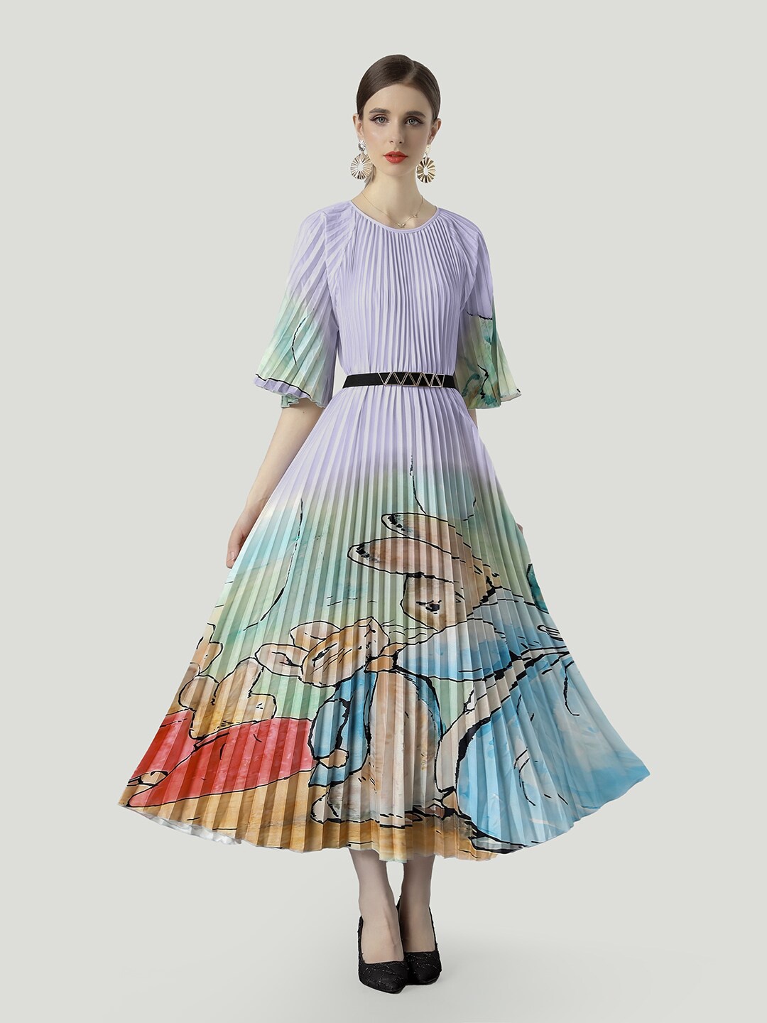 

JC Collection Graphic Printed Flared Sleeves Belted Accordion Pleated Fit & Flare Dress, Lavender