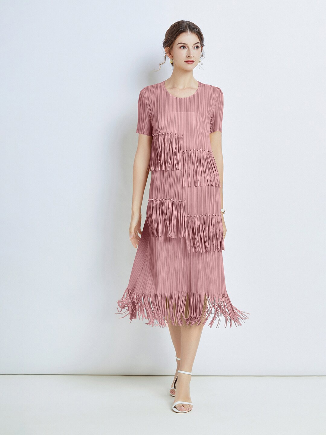 

JC Collection Fringed A-Line Midi Dress, Pink