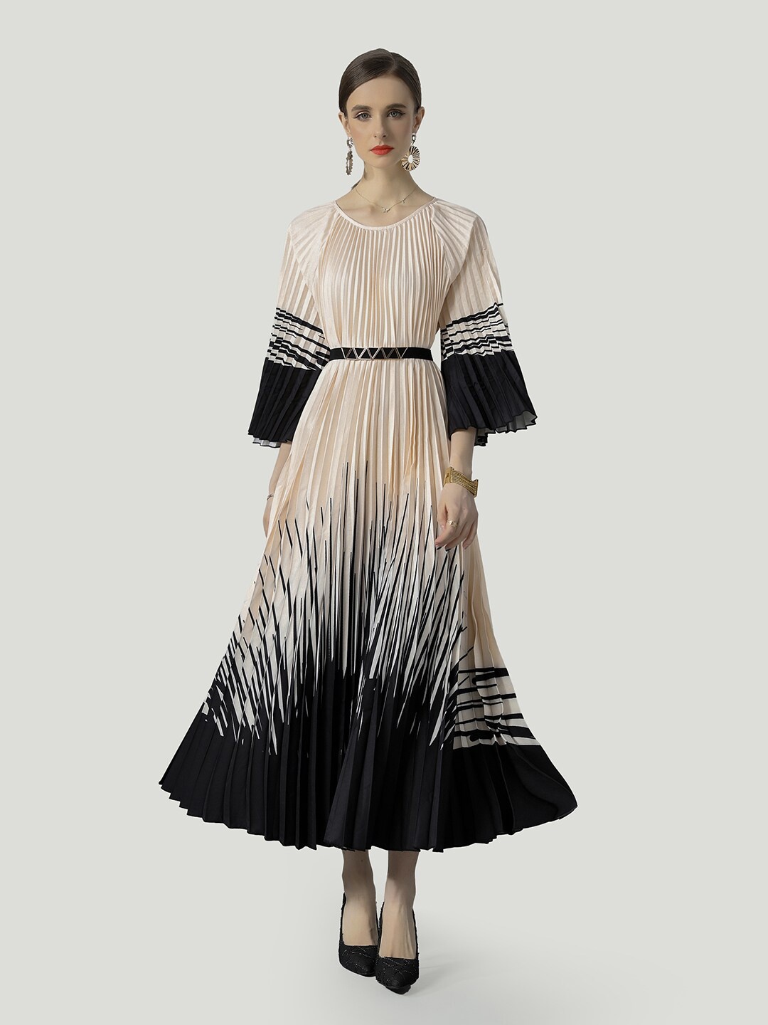 

JC Collection Abstract Printed Bell Sleeves A-Line Midi Dress, Cream