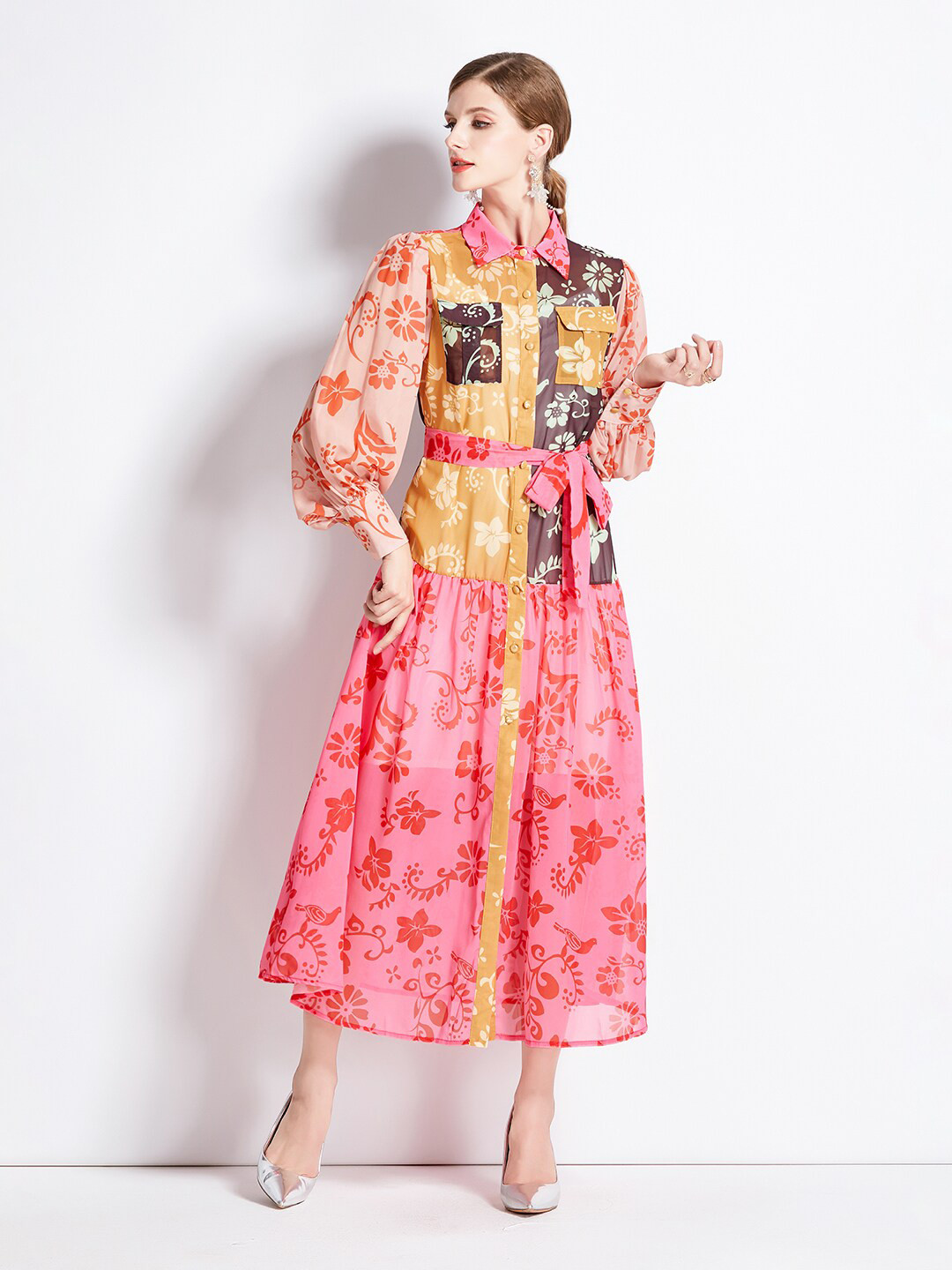 

JC Collection Floral Printed Shirt Style Midi Dress With Belt, Pink