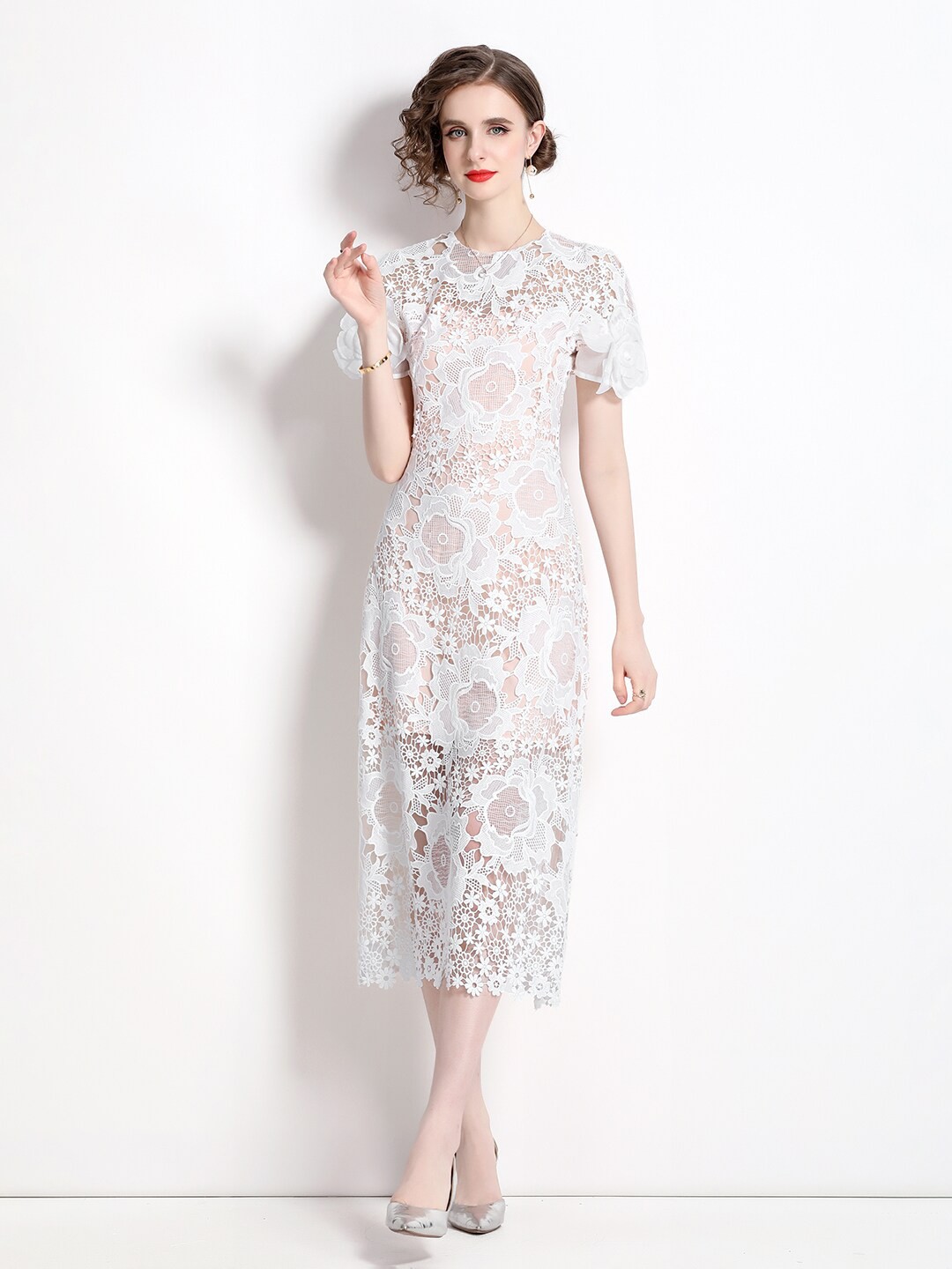 

JC Collection Self Design Round Neck A-Line Midi Dress, White
