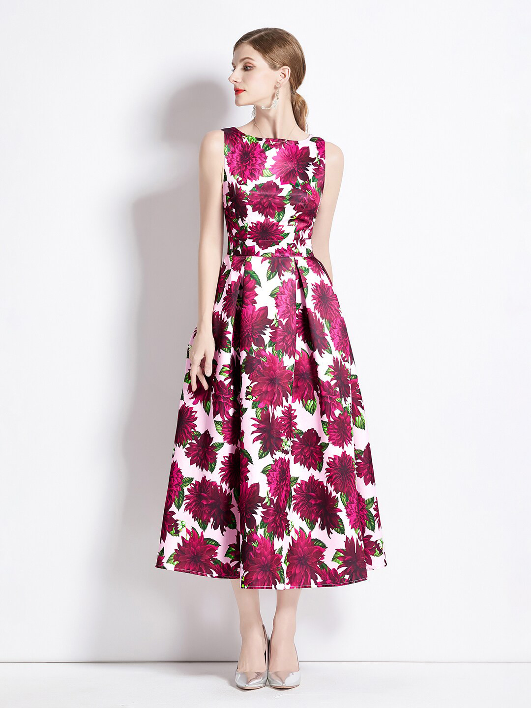 

JC Collection Floral Printed Sleeveless Fit & Flare Midi Dress, Magenta