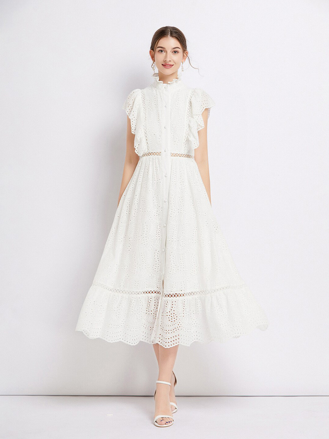 

JC Collection Schiffli Flutter Sleeves A-Line Midi Dress, White