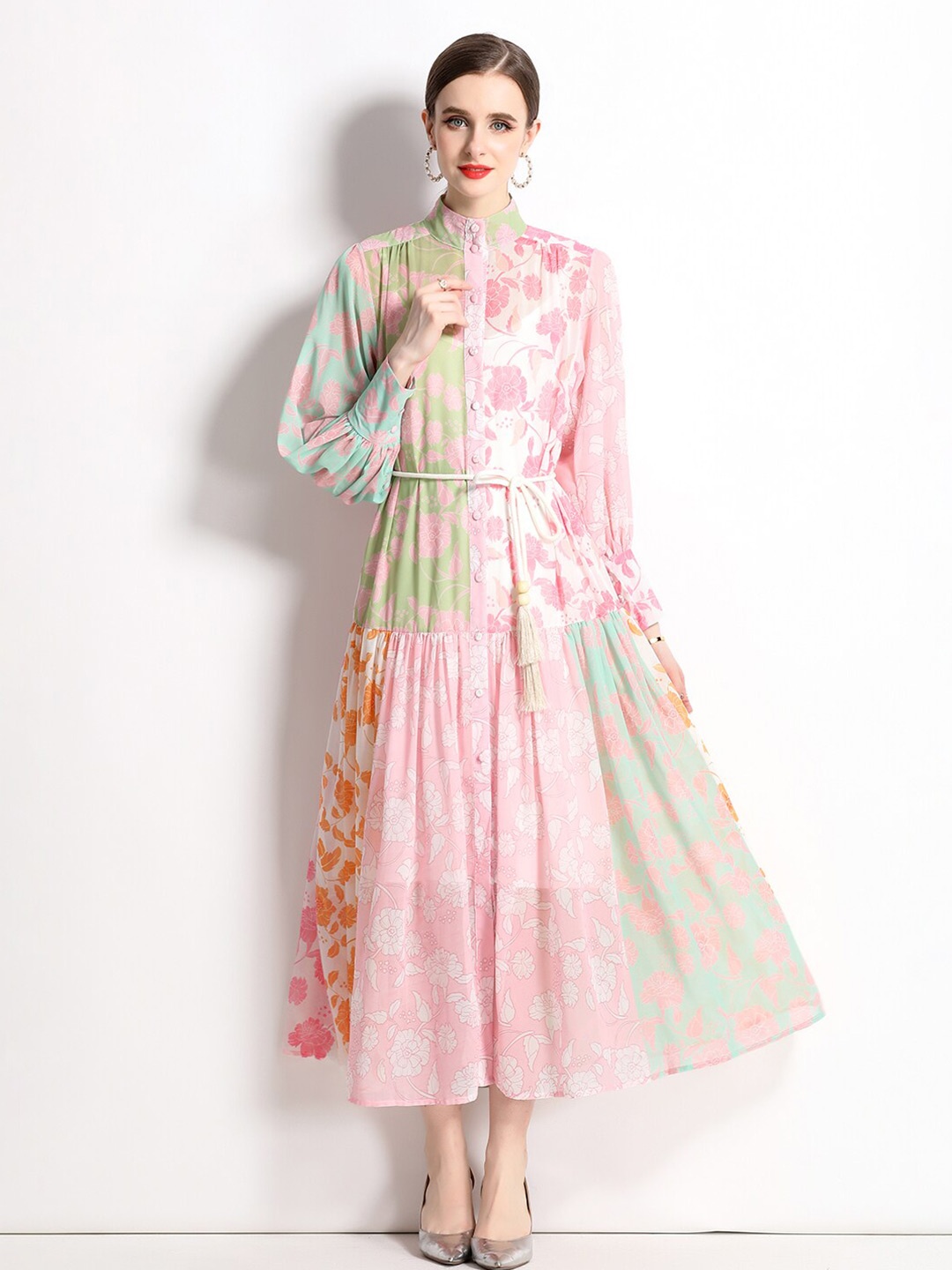 

JC Collection Floral Printed Cuffed Sleeves High Neck Belted Fit & Flare Maxi Dress, Pink