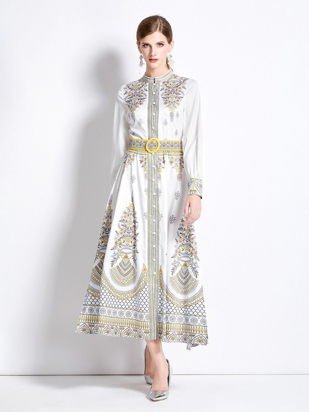 

JC Collection Ethnic Motifs Printed Mandarin Collar Cuffed Sleeves Maxi Dress, White