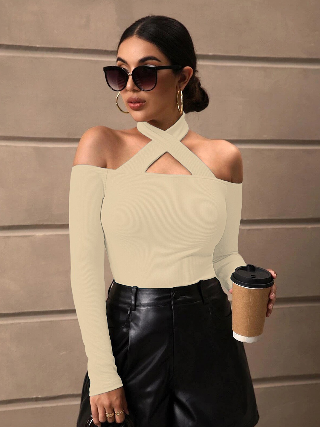 

BAESD Ribbed Cold-Shoulder Sleeves Cotton Fitted Tops, Nude