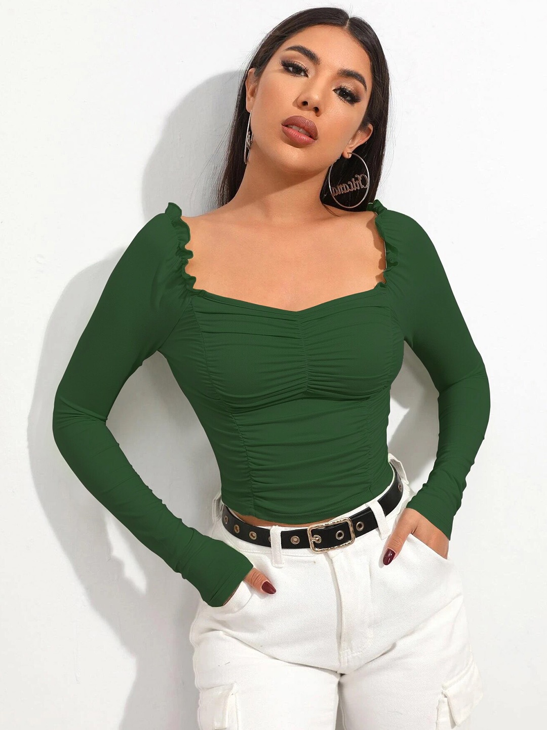 

BAESD Sweetheart Neck Long Sleeves Fitted Top, Green