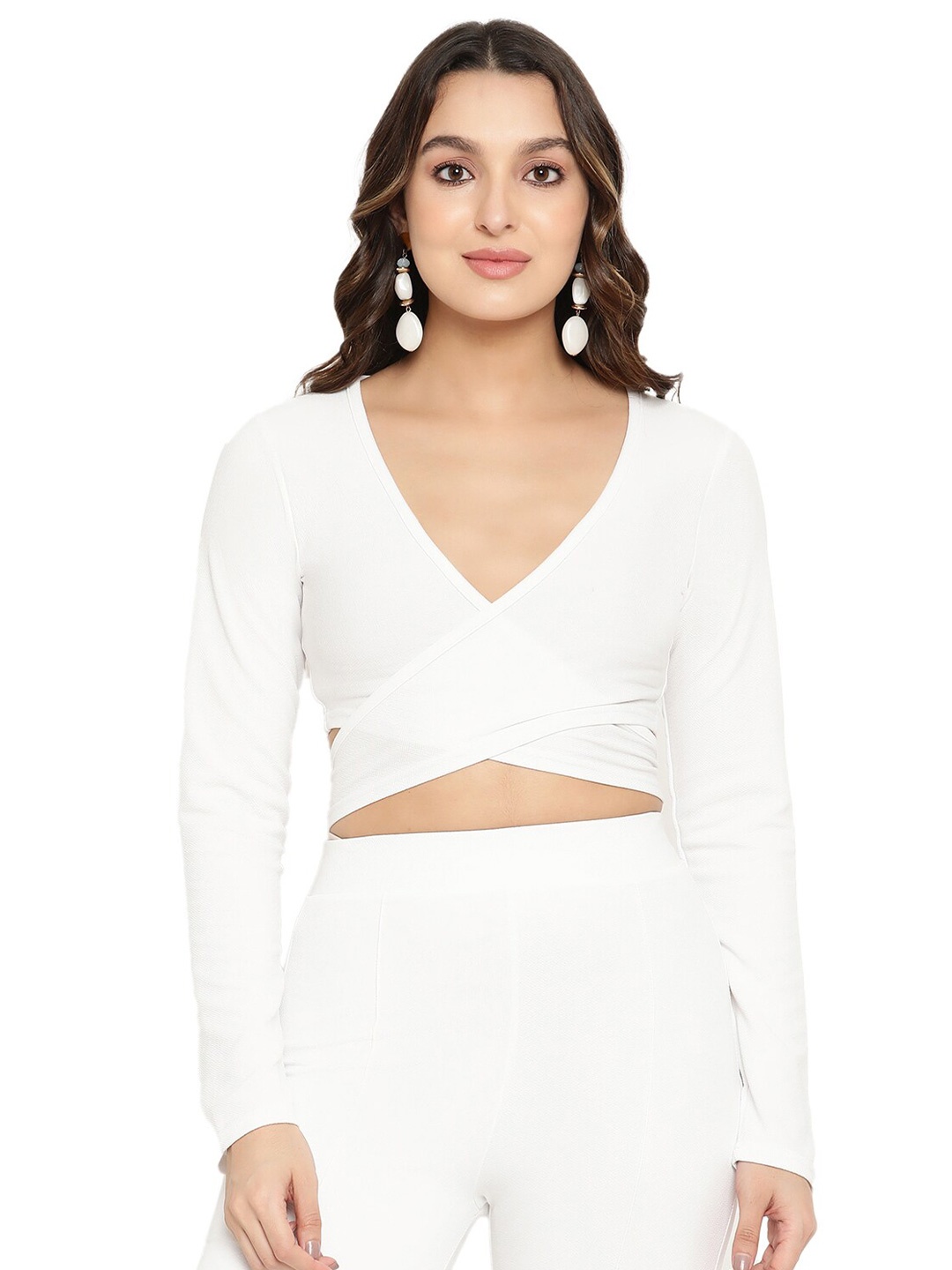 

BAESD V-Neck Sheen Wrap Crop Top, White