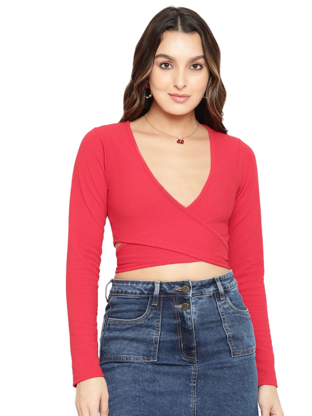 

BAESD V Neck Wrap Crop Top, Red