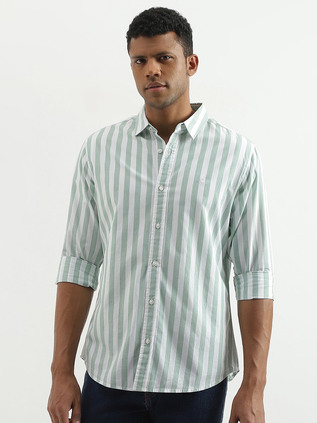 

United Colors of Benetton Slim Fit Striped Cotton Casual Shirt, White