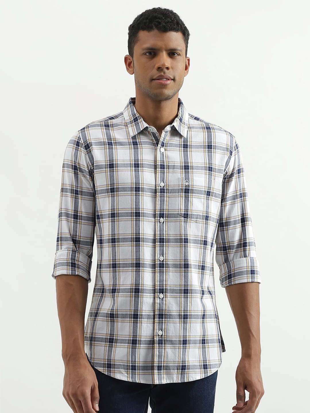 

United Colors of Benetton Slim Fit Tartan Checks Cotton Casual Shirt, Off white