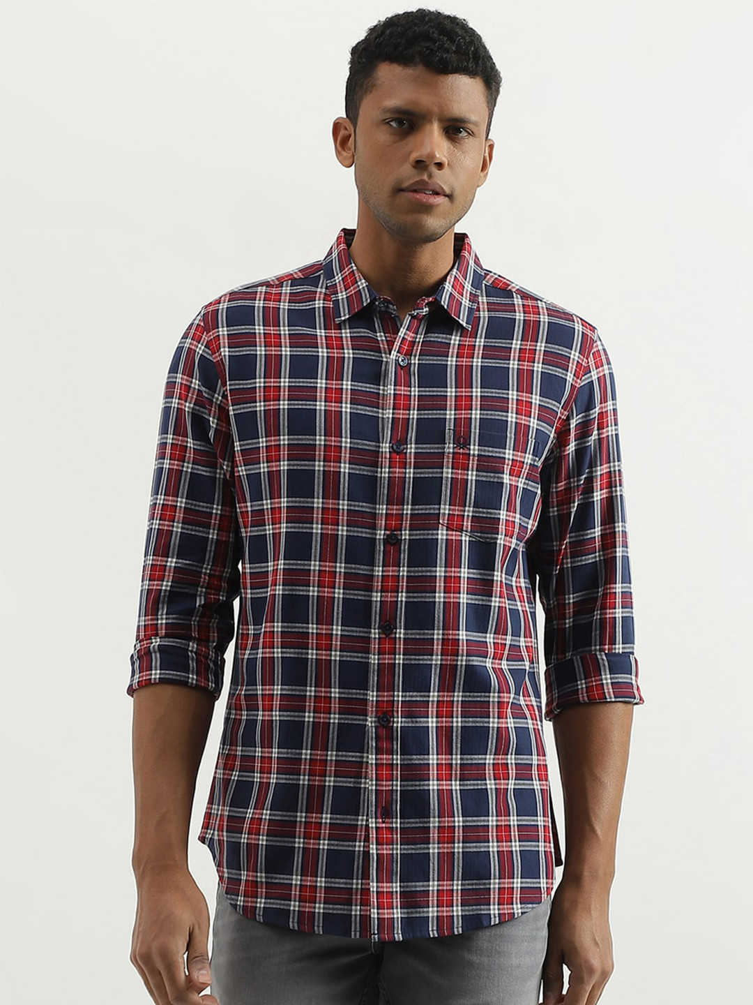 

United Colors of Benetton Slim Fit Tartan Checks Cotton Casual Shirt, Blue